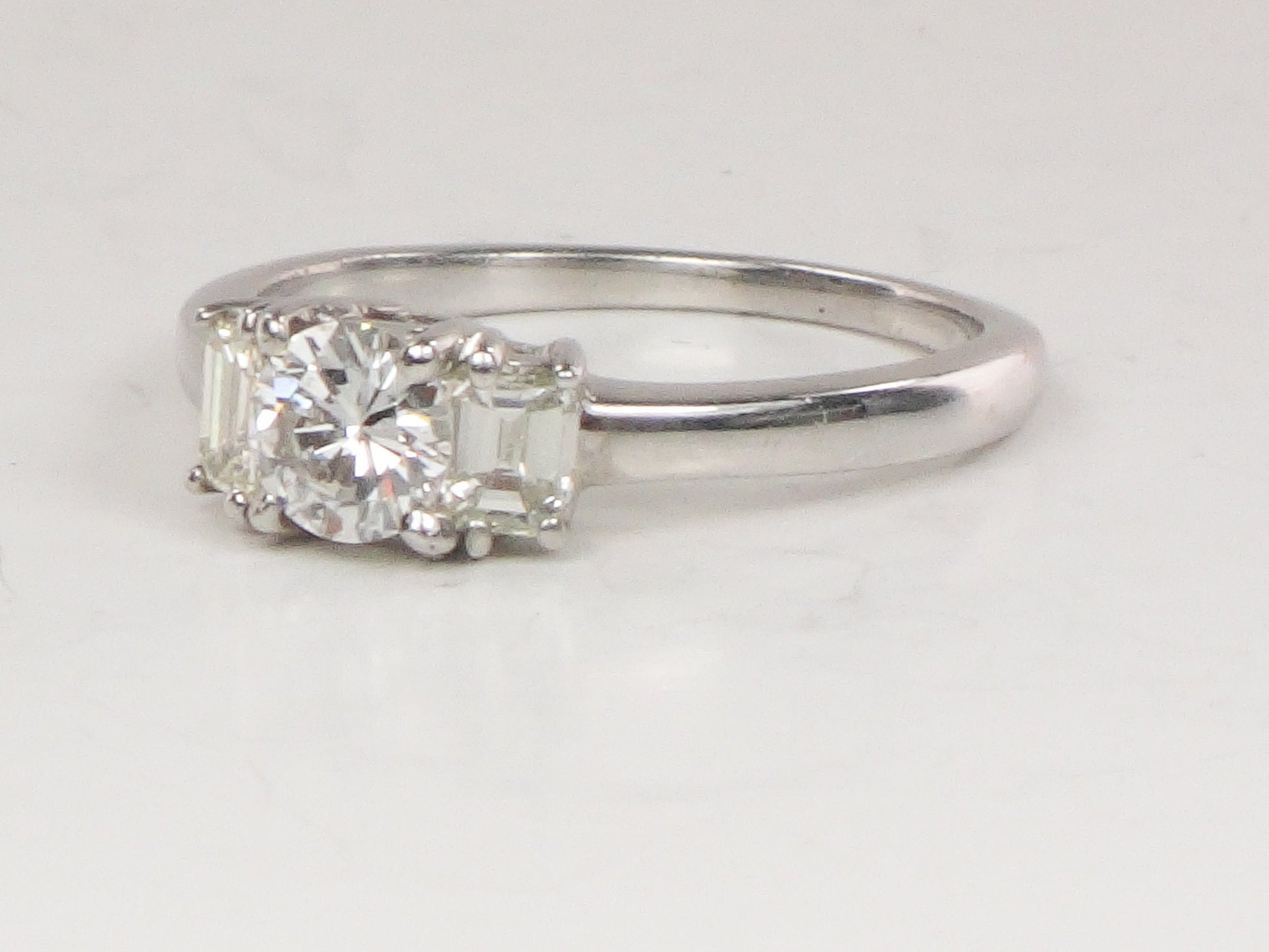 Vintage 18k White Gold Three Diamond Ring Three Stone Ring Round Natural Diamond Engagement Ring .75 CT TDW Size 7