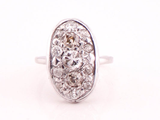 Vintage 14k White Gold Oval Shape Diamond Cluster Ring Natural Old Mine Cut and Round Brilliant Diamond Ring Approx 1.3 CT TDW