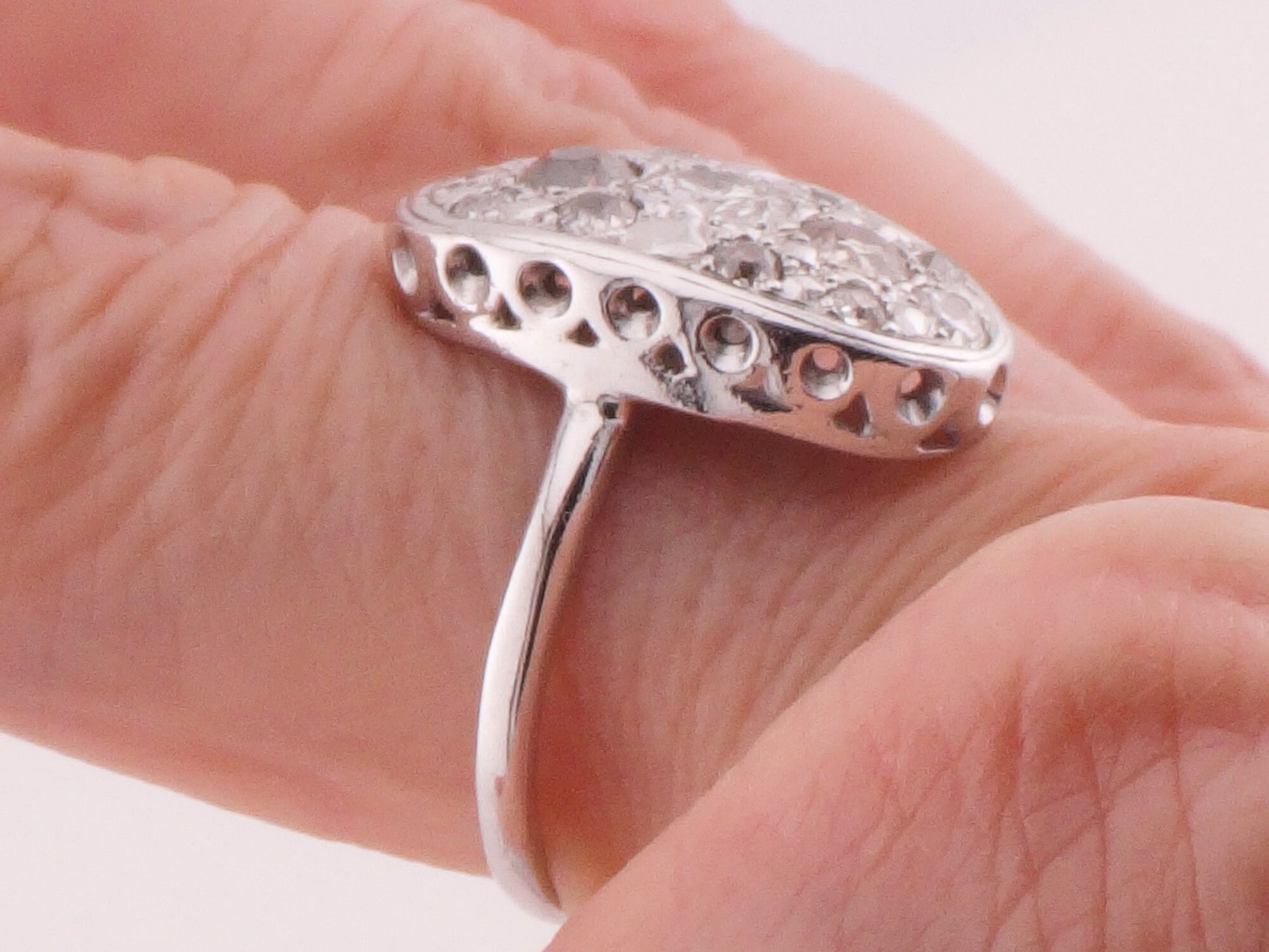 Vintage 14k White Gold Oval Shape Diamond Cluster Ring Natural Old Mine Cut and Round Brilliant Diamond Ring Approx 1.3 CT TDW