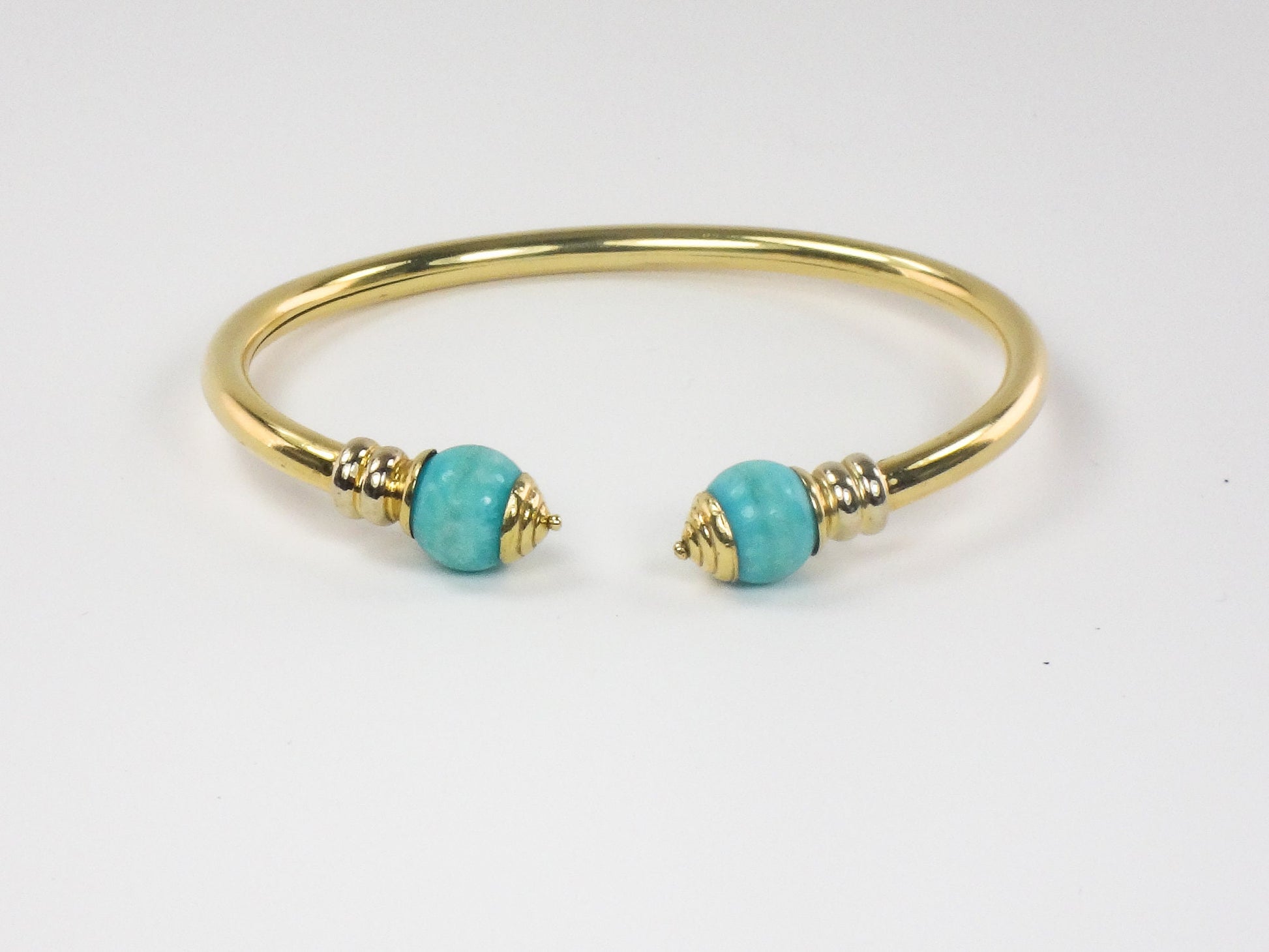 Vintage 18k Yellow Gold Turquoise Bangle Bracelet with Ball Ends Cuff Bracelet