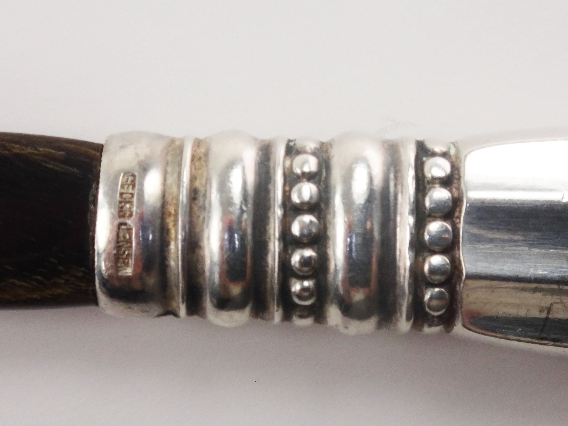 Georg Jensen Sterling Silver Acorn Pattern Salad Serving Spoon with Horn Bowl