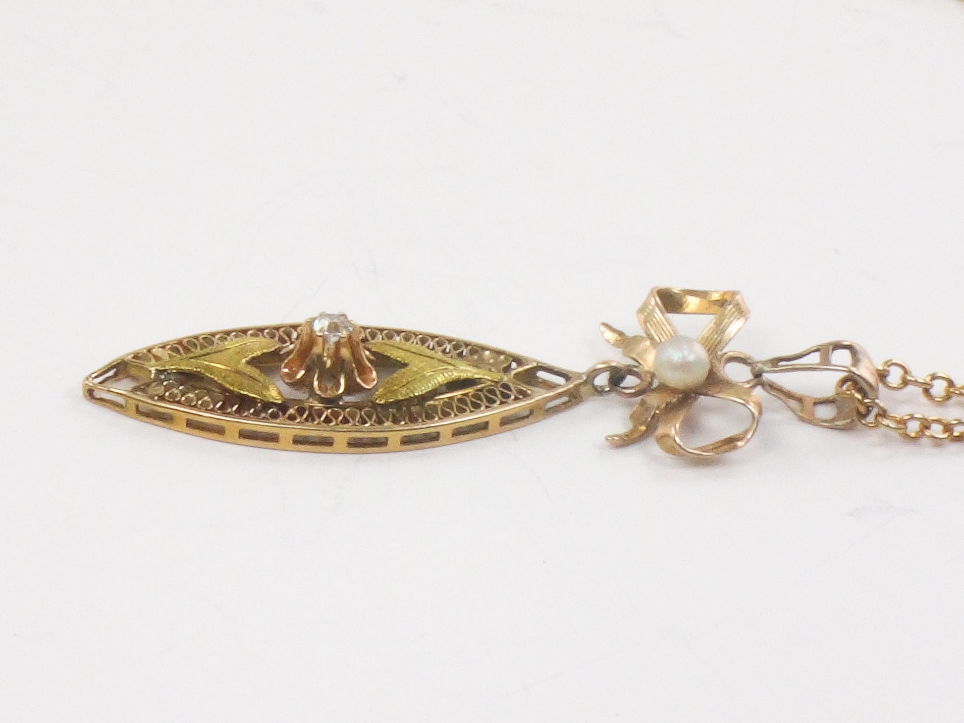 Vintage 14k Gold Old Cut Diamond Filigree Pendant with Bow and 14k Link Chain Art Nouveau Style Necklace 18"