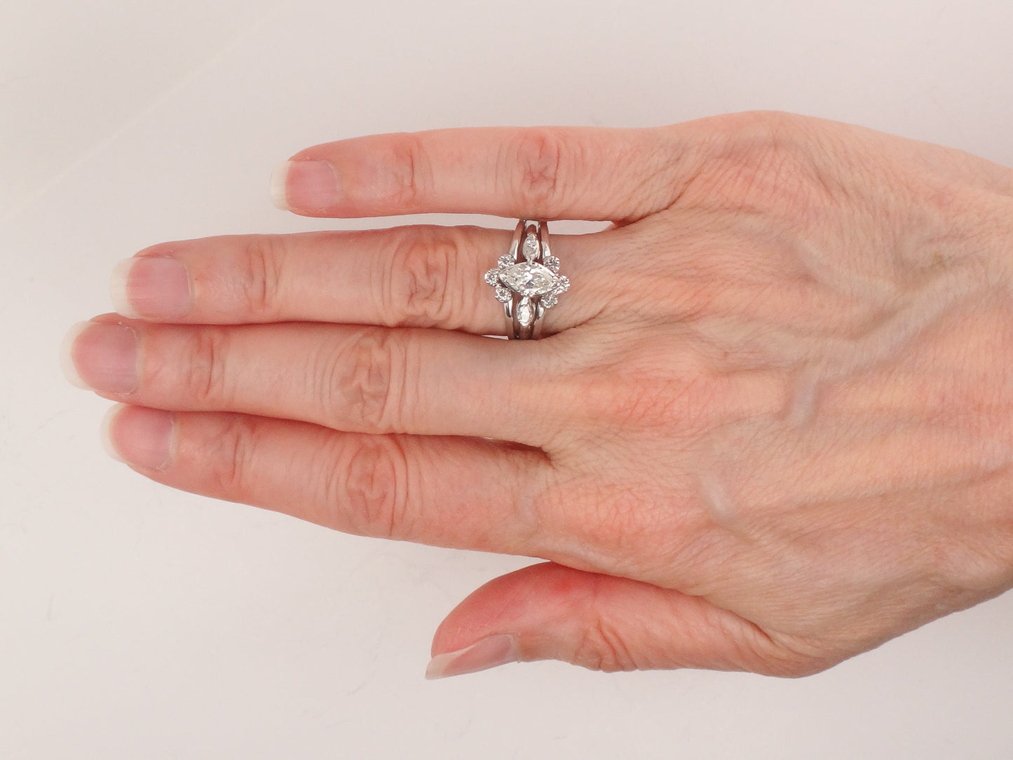 Vintage Marquise Diamond Engagement Ring Set: 14k White Gold, Insert Wedding Band, Size 5.75