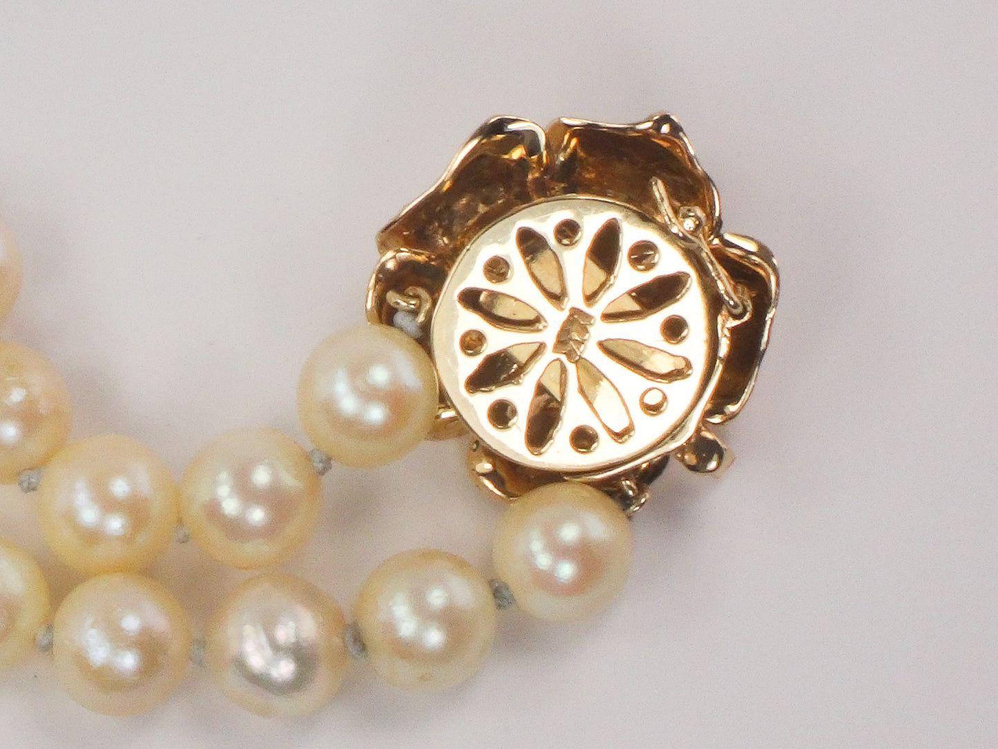 Vintage 14k Gold Cultured Pearl Strand 7.8 - 8.5 mm Pearl Choker with Floral Clasp Bridal Necklace 16 3/8"