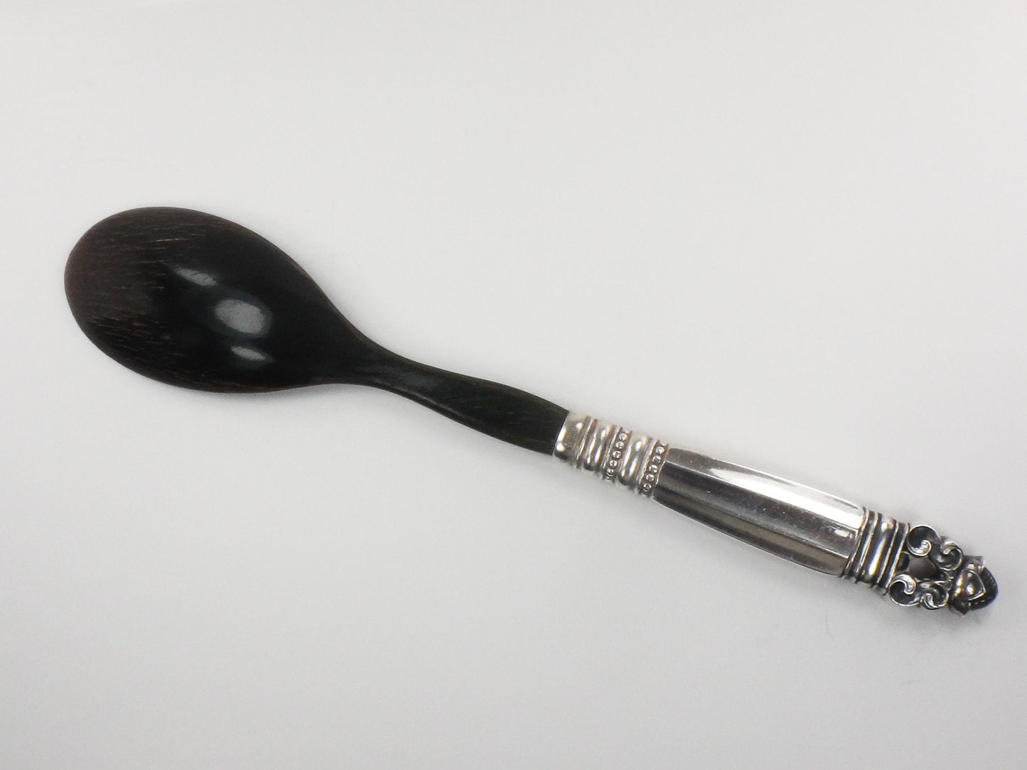 Georg Jensen Sterling Silver Acorn Pattern Salad Serving Spoon with Horn Bowl