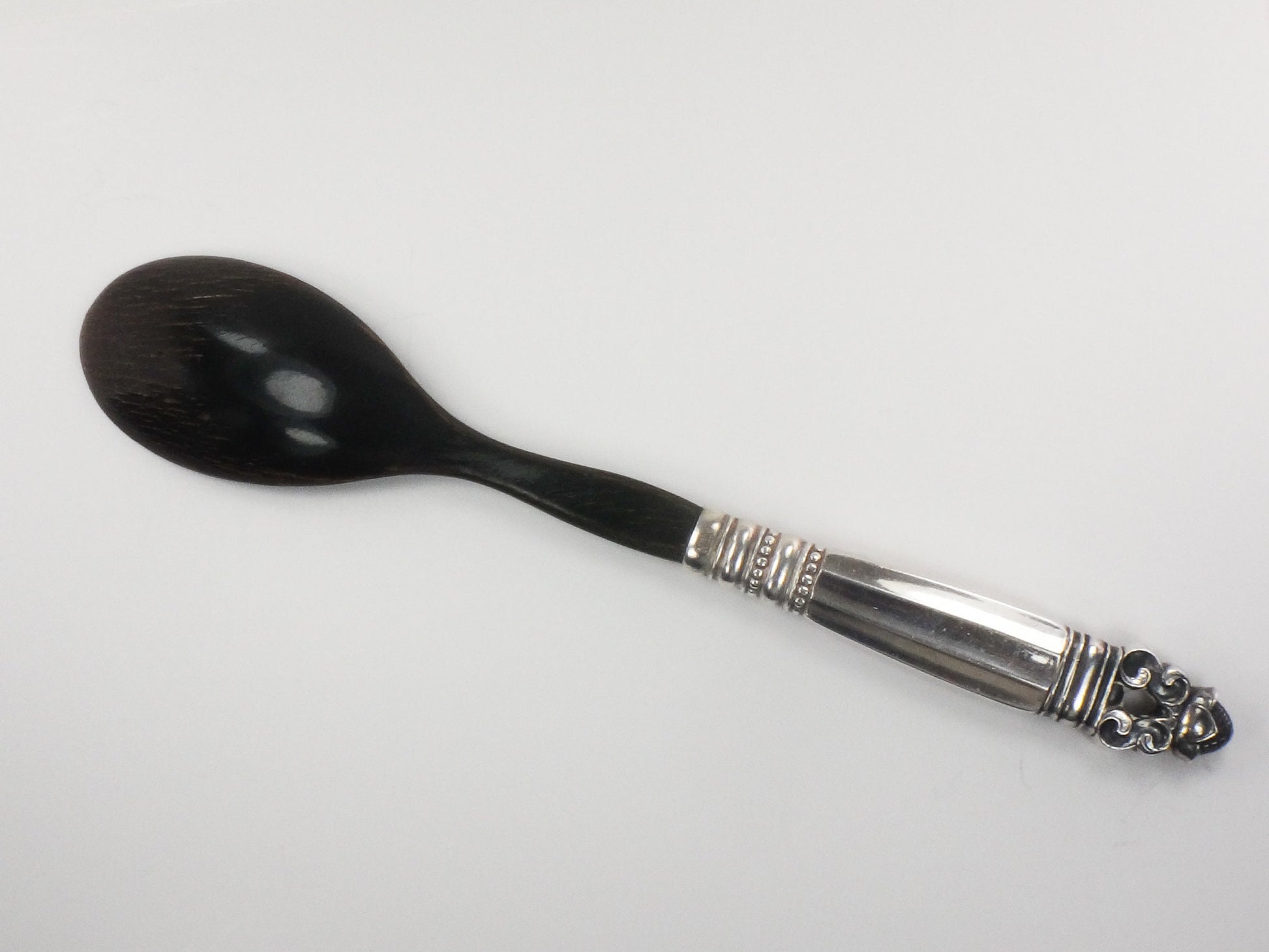 Georg Jensen Sterling Silver Acorn Pattern Salad Serving Spoon with Horn Bowl