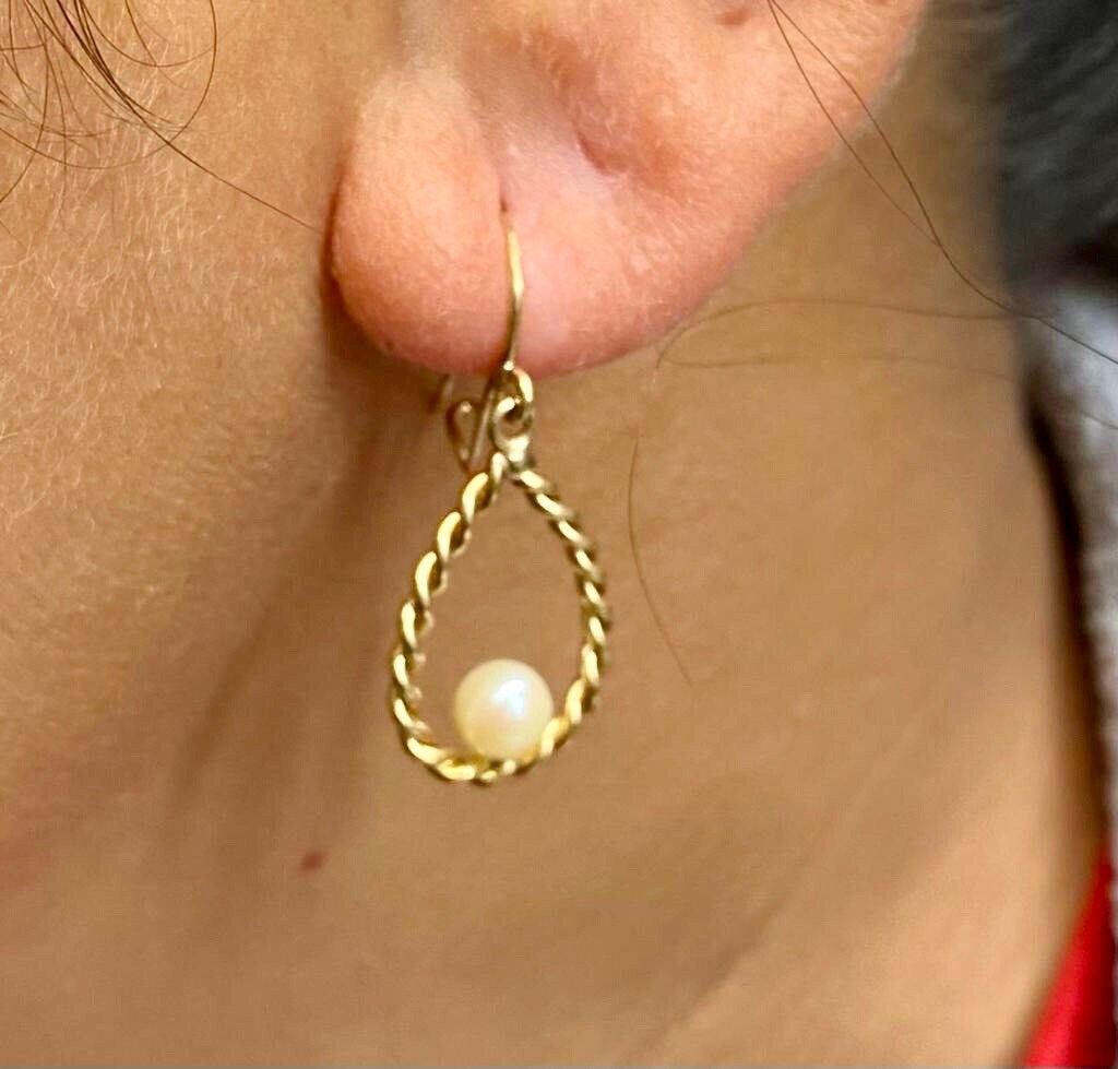 Vintage 14k Yellow Solid Gold Cultured Pearl Dangle Earrings, Bridal Teardrop Shaped Earrings