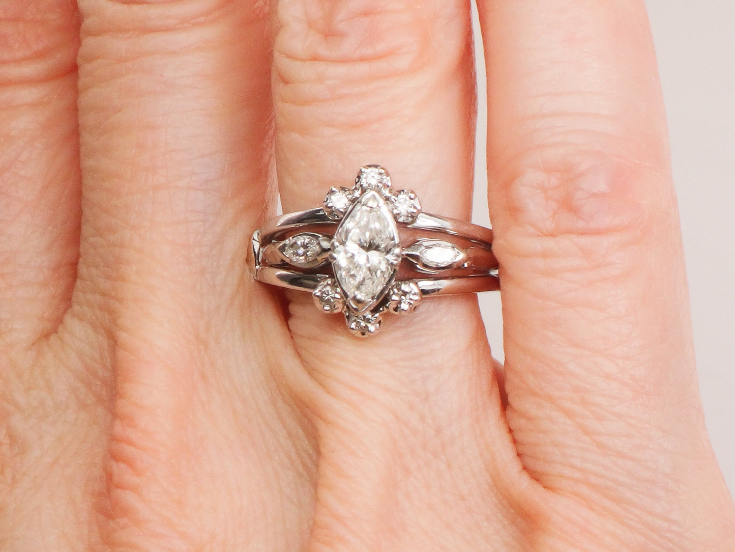 Vintage Marquise Diamond Engagement Ring Set: 14k White Gold, Insert Wedding Band, Size 5.75