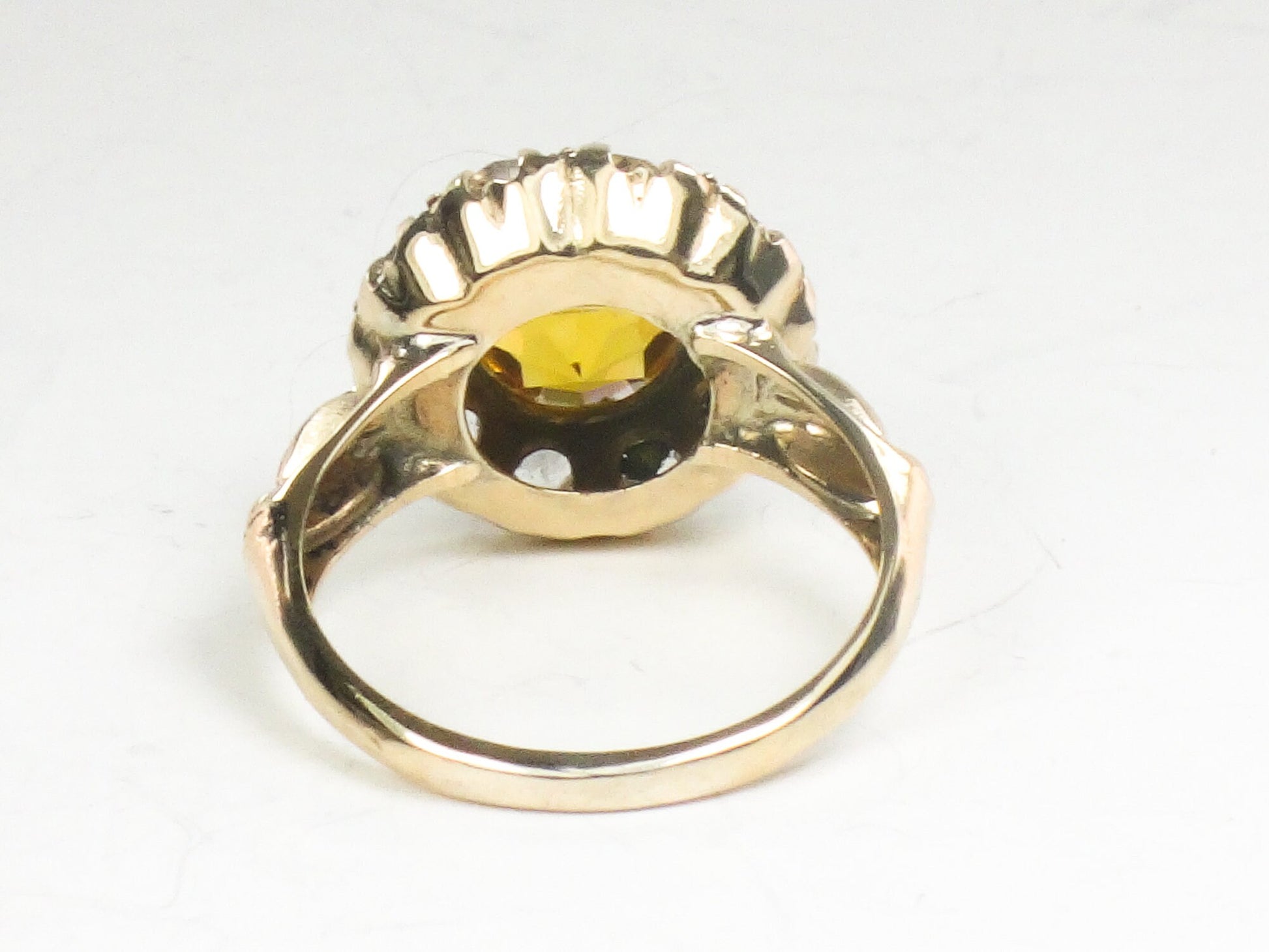 Vintage 10k Yellow Gold Gold and Clear Glass Ring Imitation Citrine and Diamond Halo Ring Size 5.25