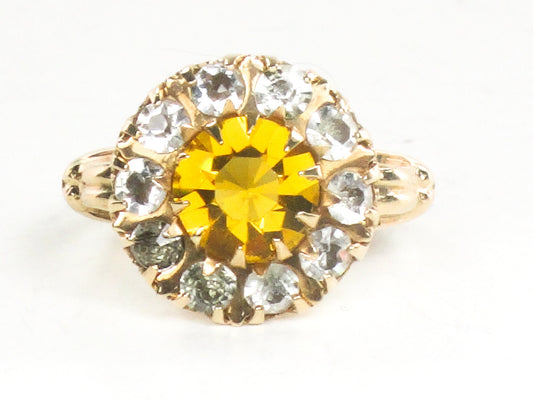 Vintage 10k Yellow Gold Gold and Clear Glass Ring Imitation Citrine and Diamond Halo Ring Size 5.25