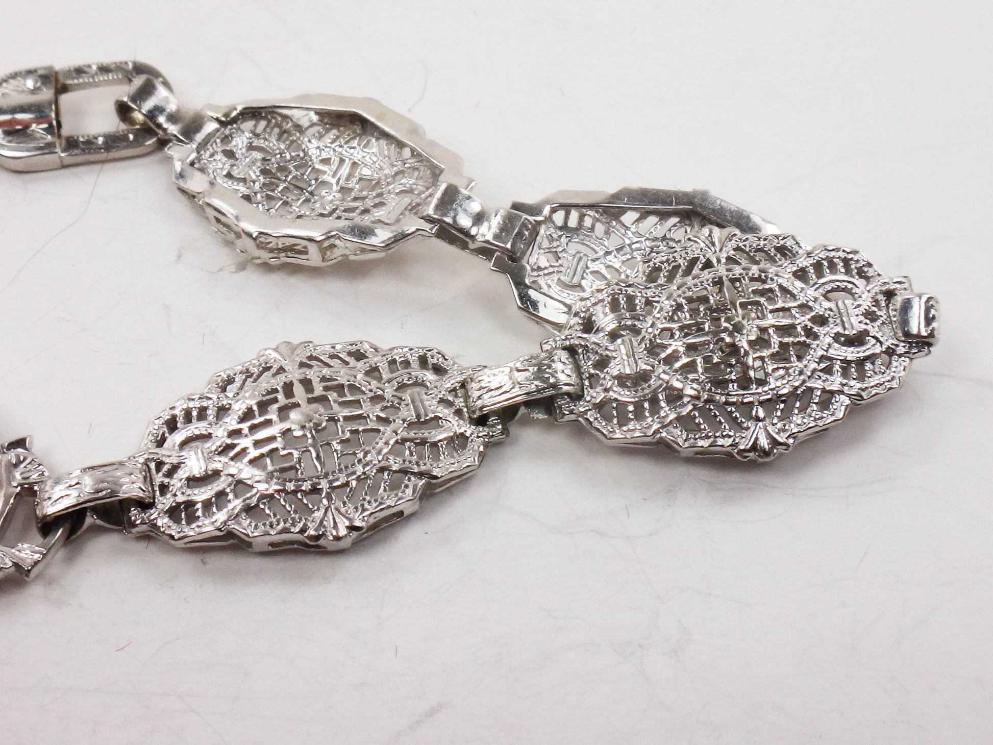 Art Deco 14k White Gold Rock Crystal Quartz and Diamond Bracelet, Bridal Bracelet Small 6.5"