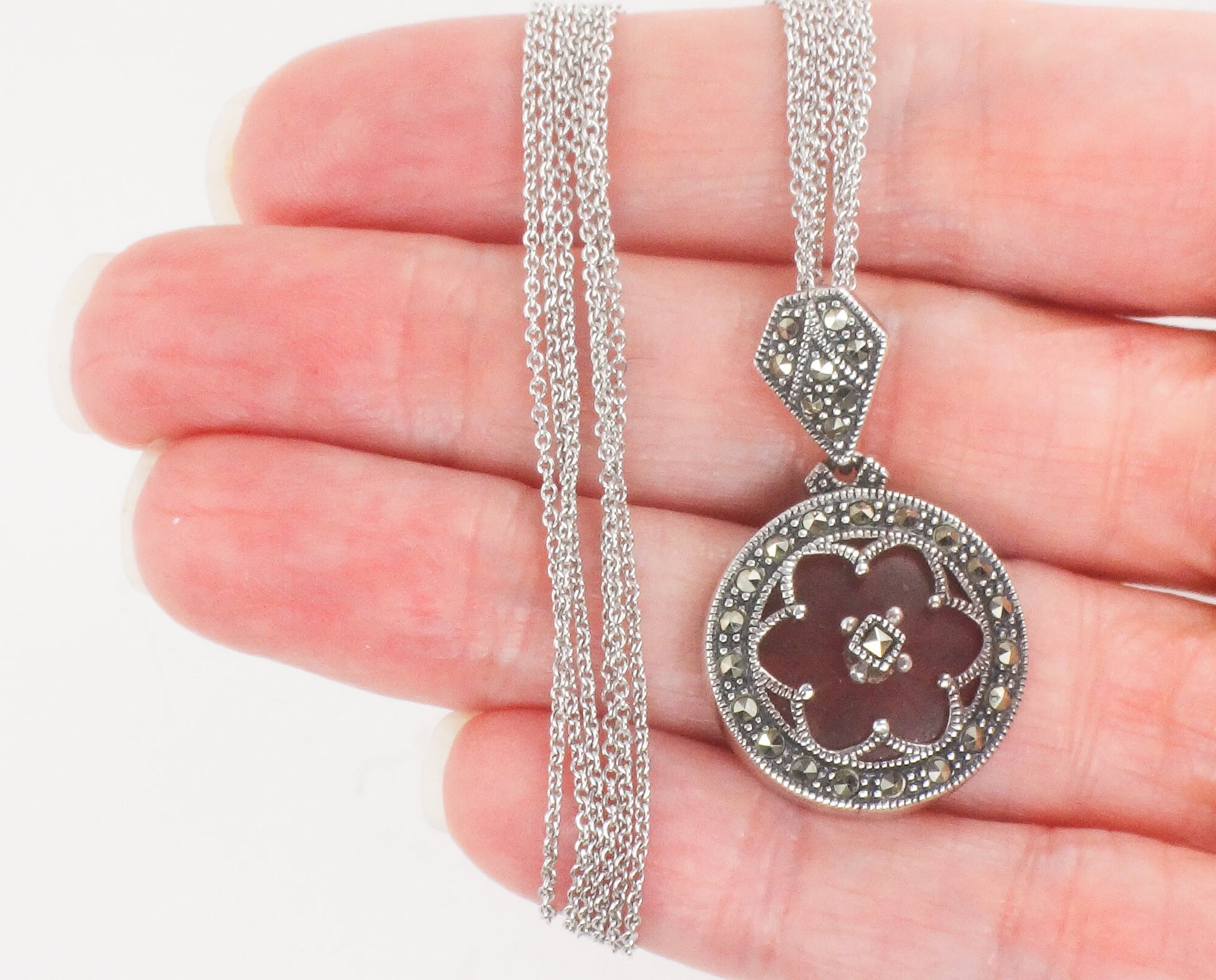 Vintage Judith Jack Sterling Silver Pink Camphor Glass and Marcasite Pendant Necklace Art Deco Style Camphor Glass Necklace 16"