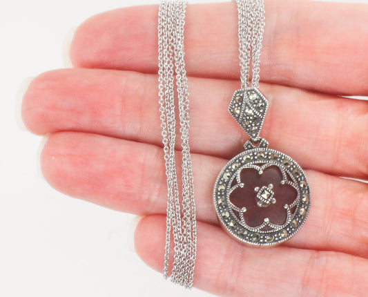 Vintage Judith Jack Sterling Silver Pink Camphor Glass and Marcasite Pendant Necklace Art Deco Style Camphor Glass Necklace 16"