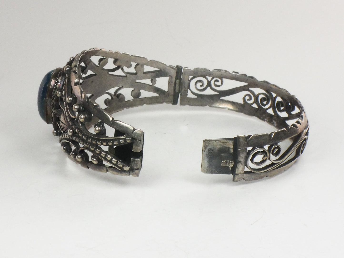 Vintage Silver Floral Bracelet 800 Silver Blue Sodalite Stone Hinged Bracelet with Scroll and Bead Design