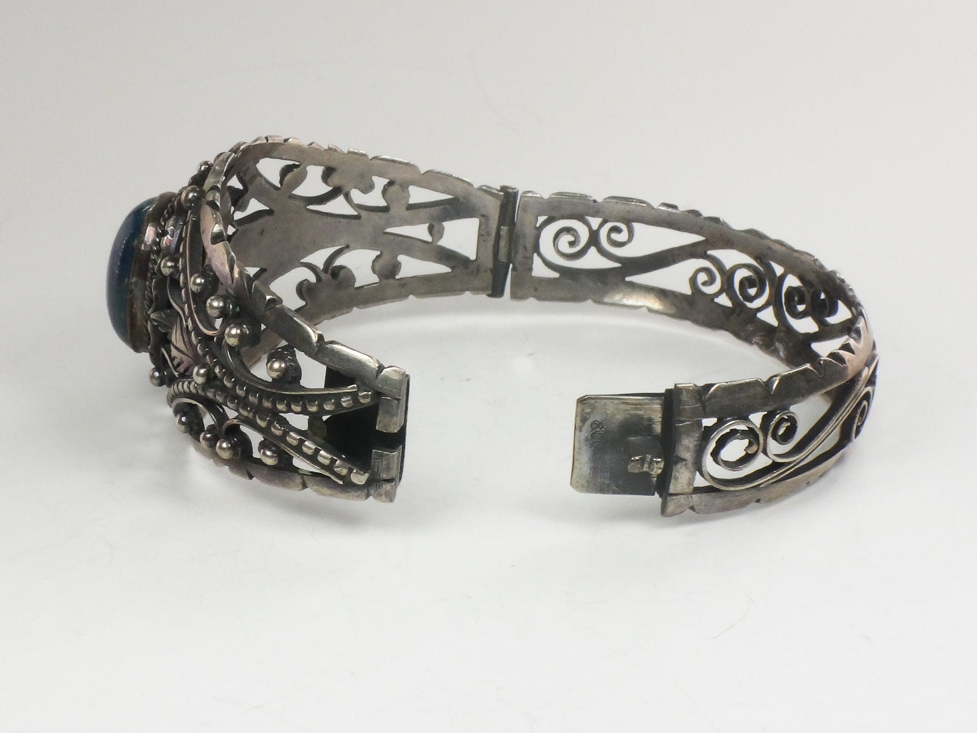 Vintage Silver Floral Bracelet 800 Silver Blue Sodalite Stone Hinged Bracelet with Scroll and Bead Design