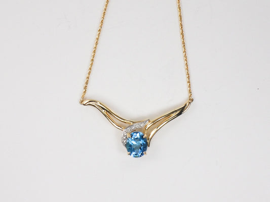 Vintage 14k Yellow Gold Blue Topaz and Diamond Necklace 1980's Oval Blue December Birthstone Necklace 17.5"