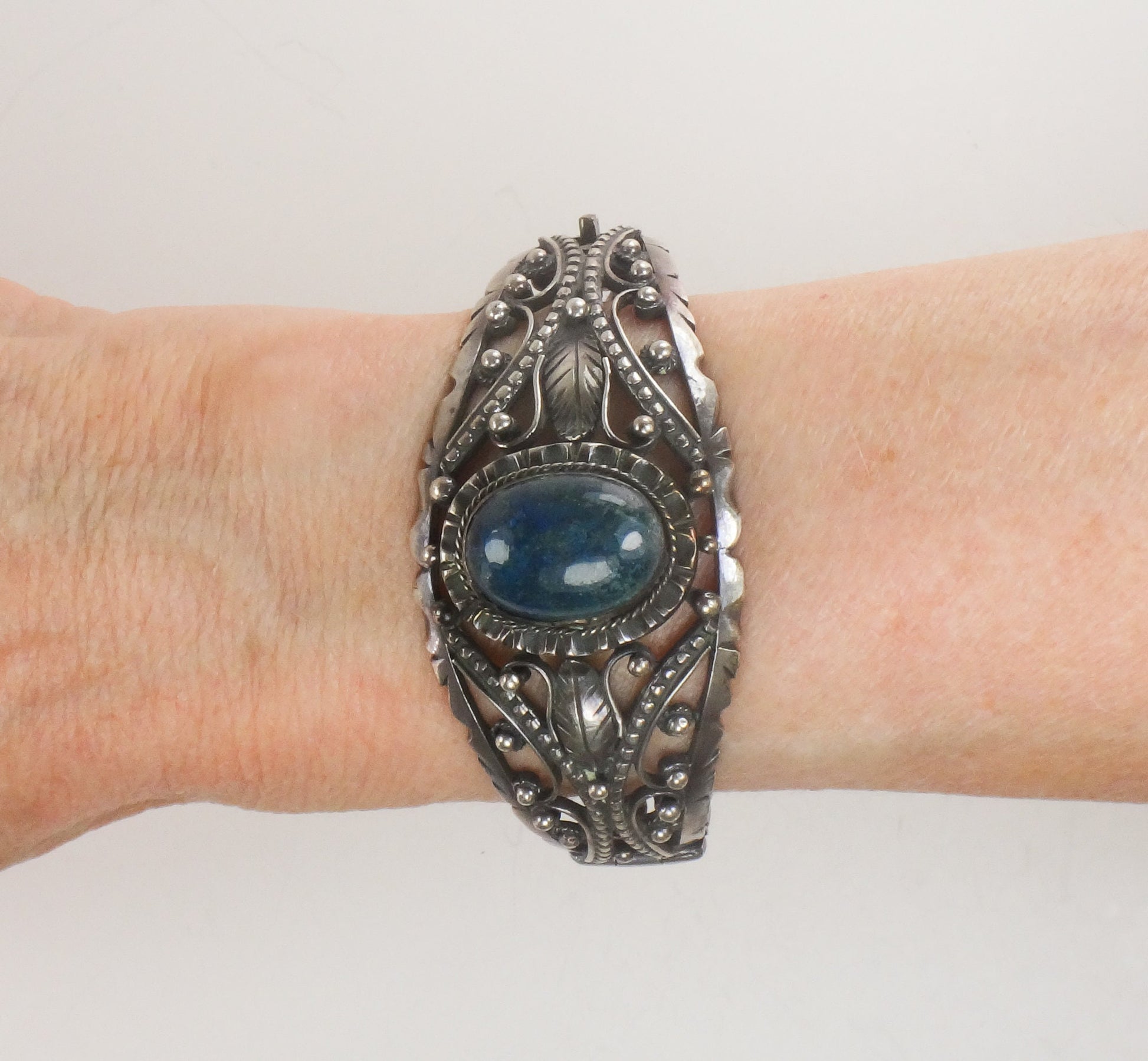 Vintage Silver Floral Bracelet 800 Silver Blue Sodalite Stone Hinged Bracelet with Scroll and Bead Design
