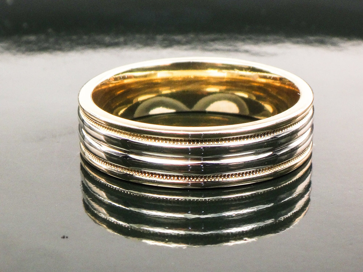 Vintage 14k Two Tone Gold Ribbed Wedding Band, Unisex or Men's Wedding Ring, Size 9.75