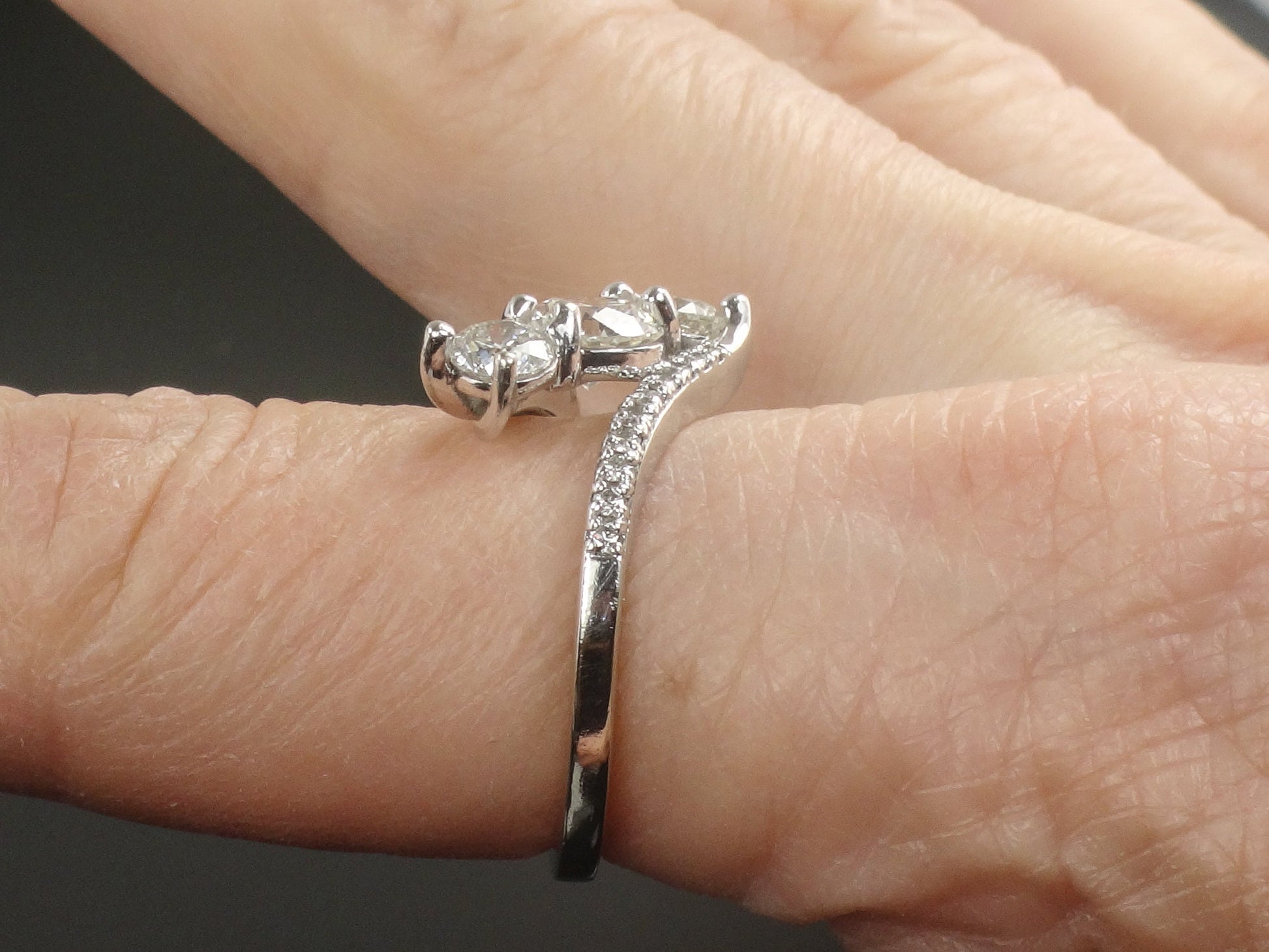 Vintage Three Diamond Ring: 1.5 CTS, 14k White Gold Anniversary Ring, Size 7.5