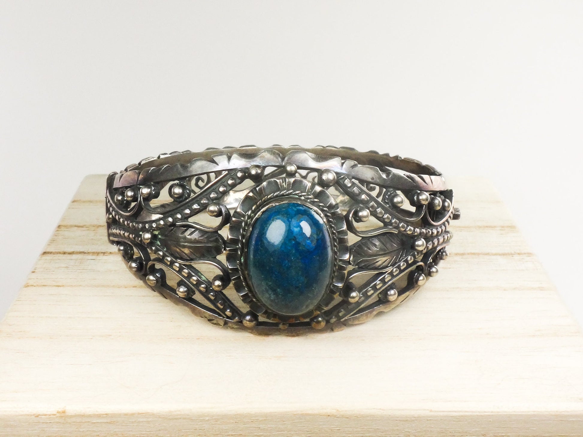 Vintage Silver Floral Bracelet 800 Silver Blue Sodalite Stone Hinged Bracelet with Scroll and Bead Design