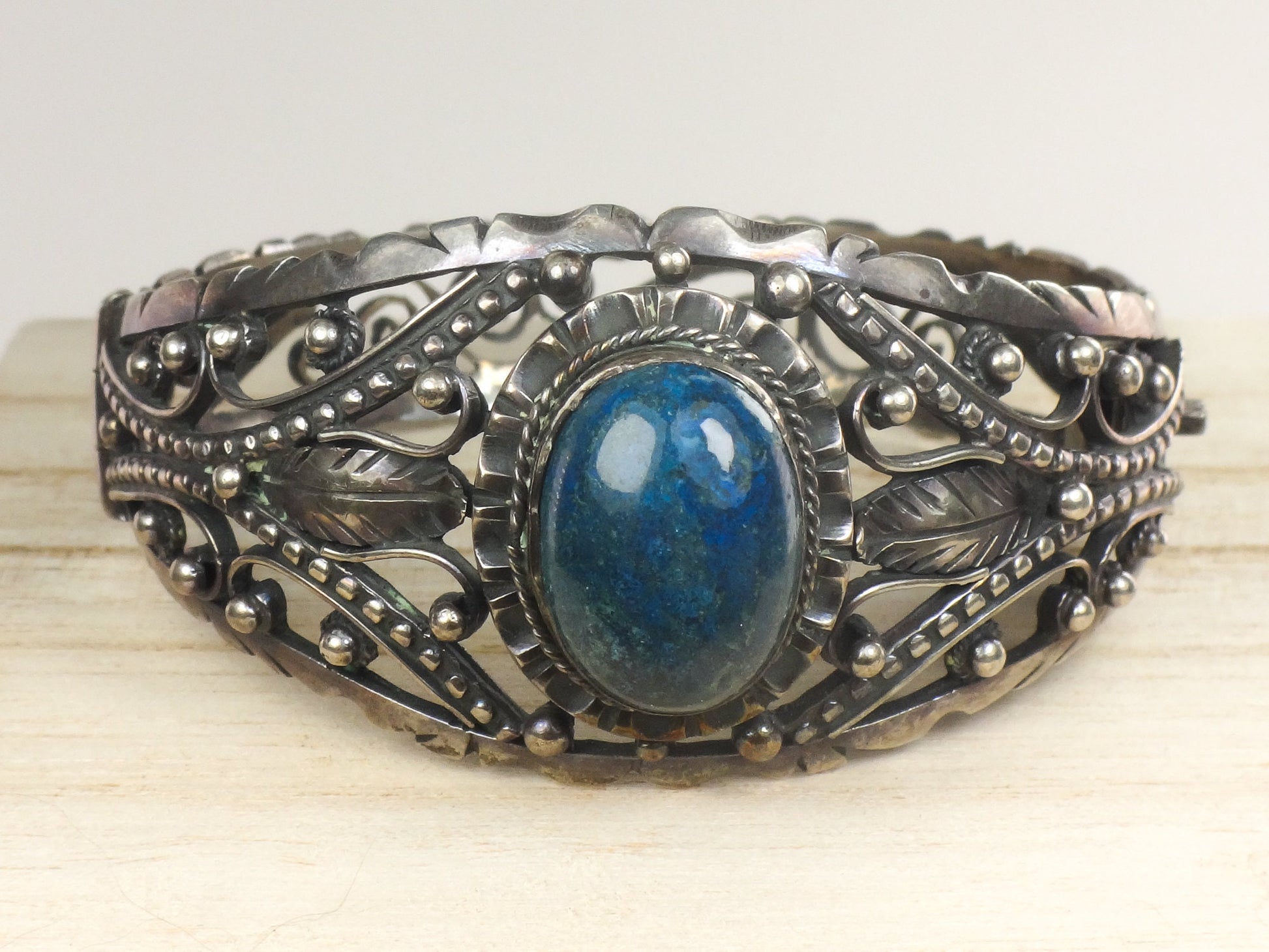 Vintage Silver Floral Bracelet 800 Silver Blue Sodalite Stone Hinged Bracelet with Scroll and Bead Design