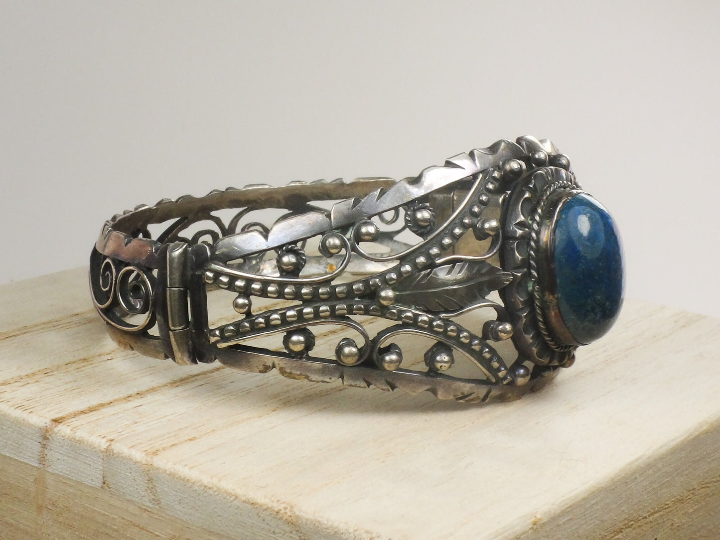 Vintage Silver Floral Bracelet 800 Silver Blue Sodalite Stone Hinged Bracelet with Scroll and Bead Design