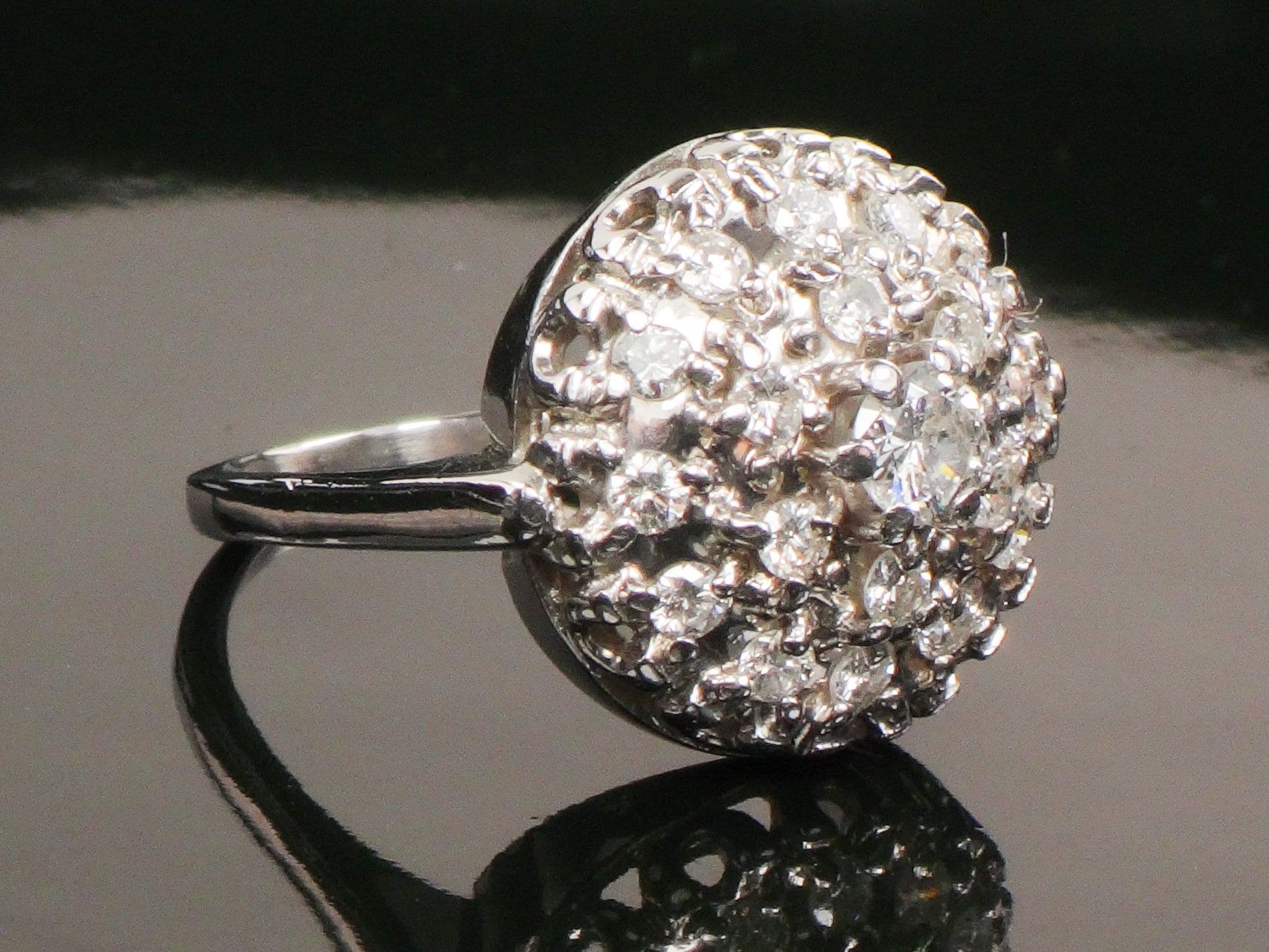 Vintage 14k White Gold Natural Diamond Dome Cluster Ring with Approx 3/4 CT TDW, Size 6.5