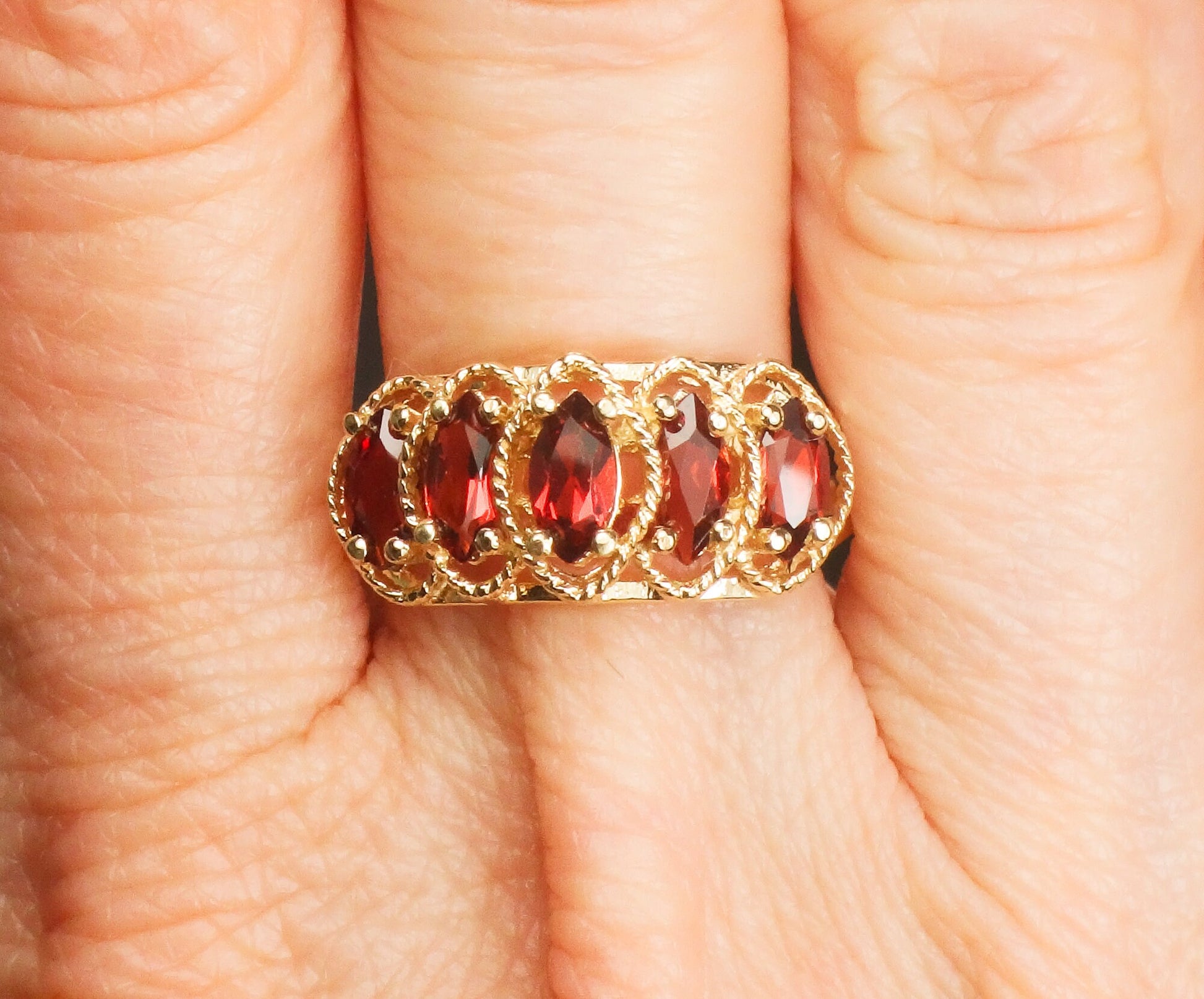 Vintage 10k Yellow Gold Marquise Garnet Ring Red January Birthstone Ring Size 9.5