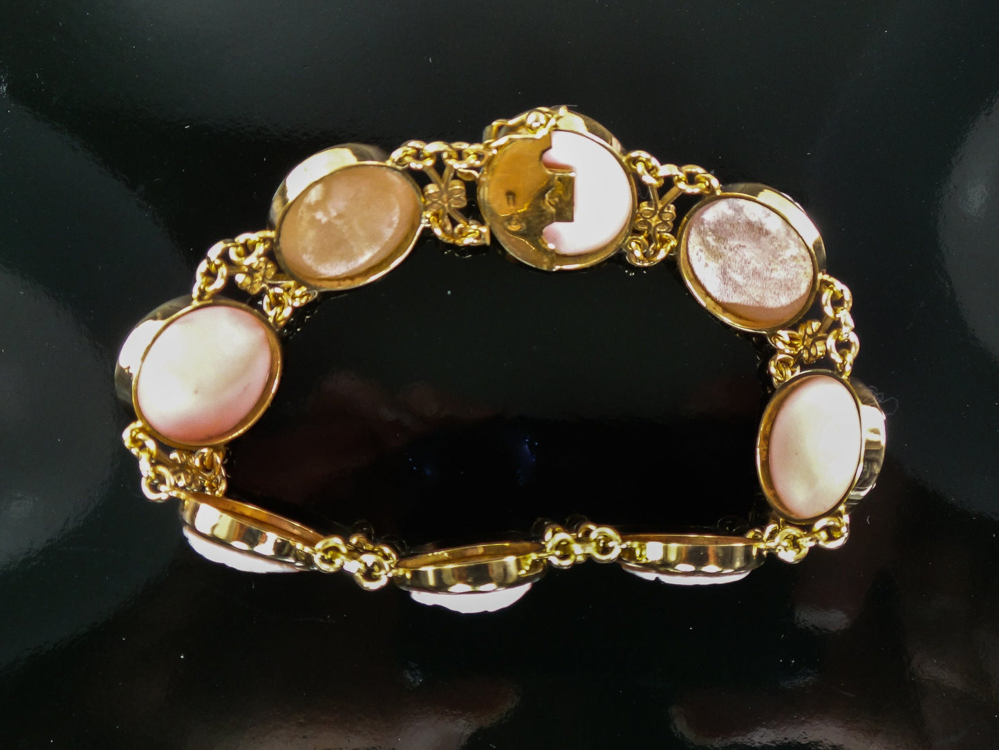 Vintage 14k Gold Pink and Brown Cameo Bracelet 7"
