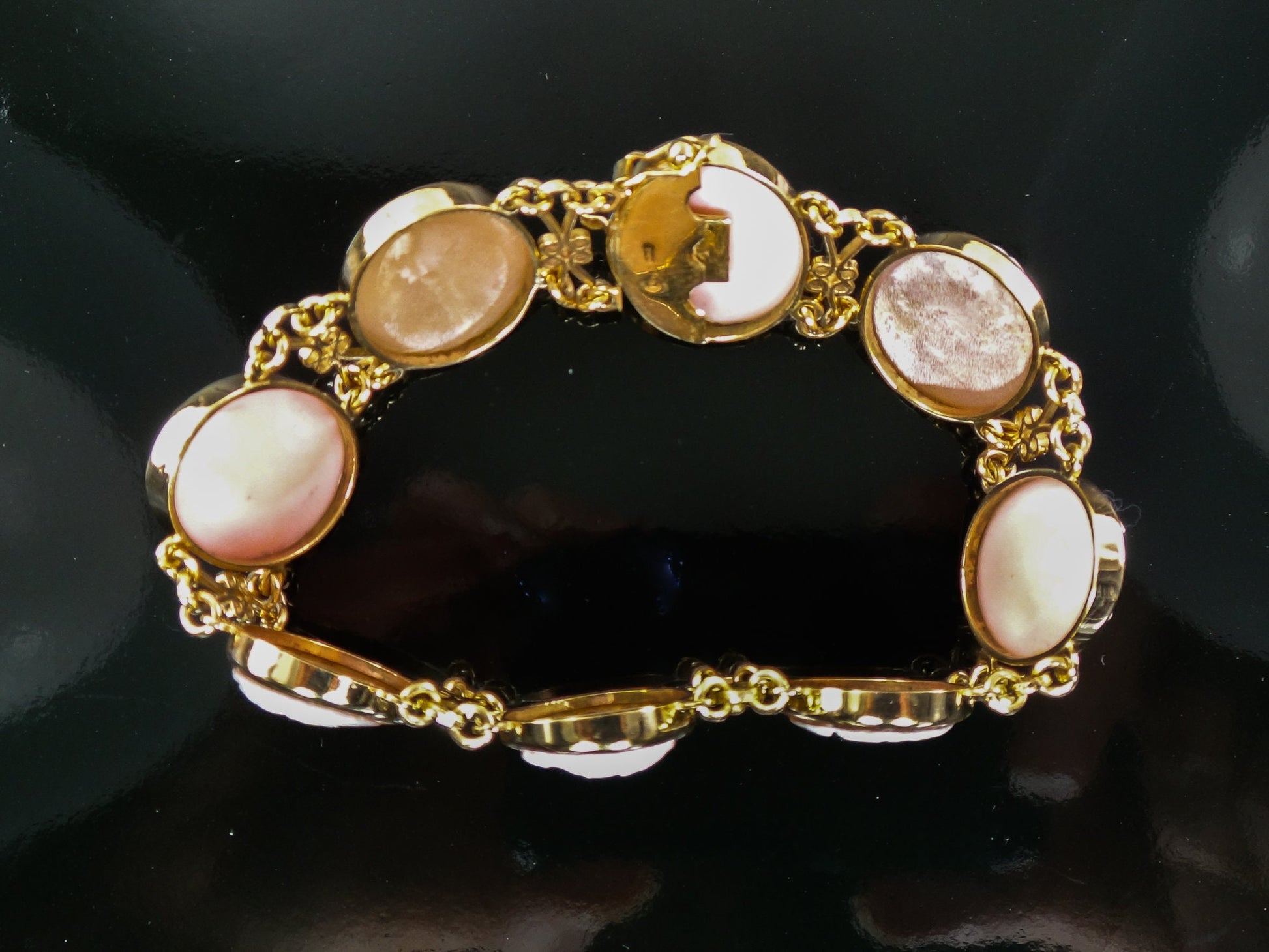 Vintage 14k Gold Pink and Brown Cameo Bracelet 7"