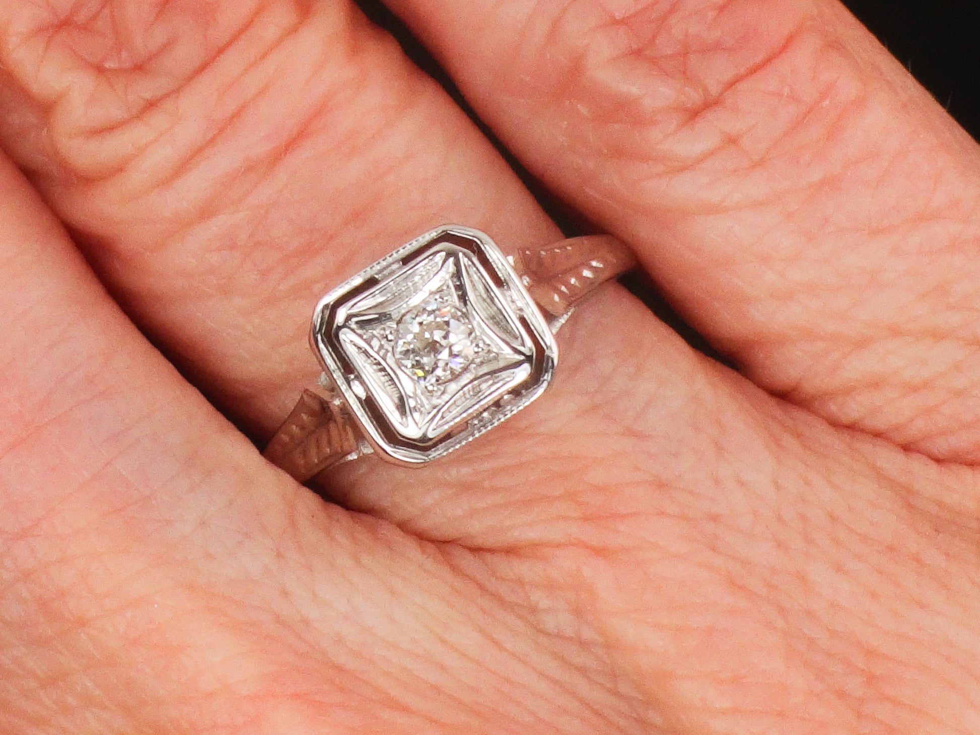 Vintage Art Deco 14k White Gold Old Mine Cut Natural Diamond Engagement Ring Solitaire Ring Size 6.5