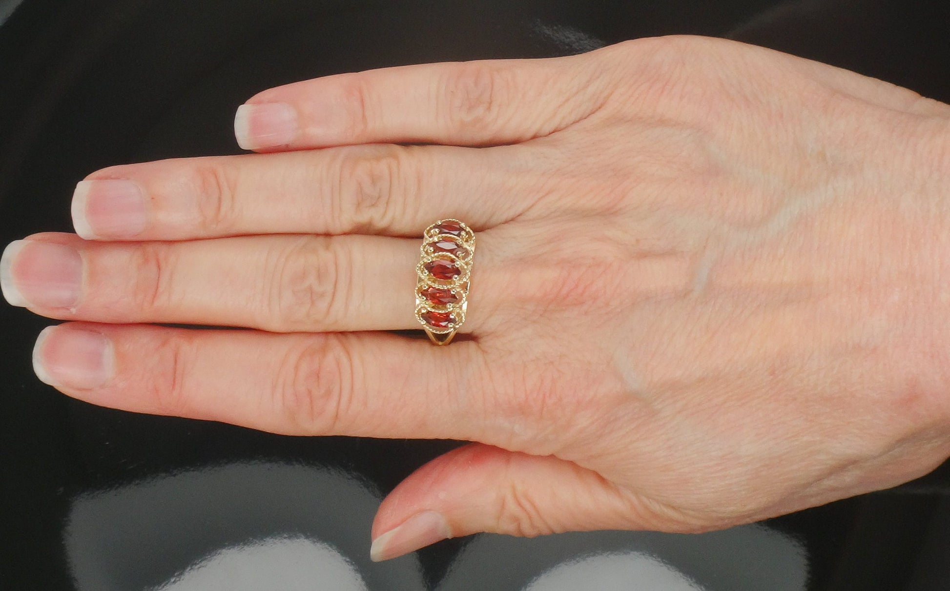 Vintage 10k Yellow Gold Marquise Garnet Ring Red January Birthstone Ring Size 9.5