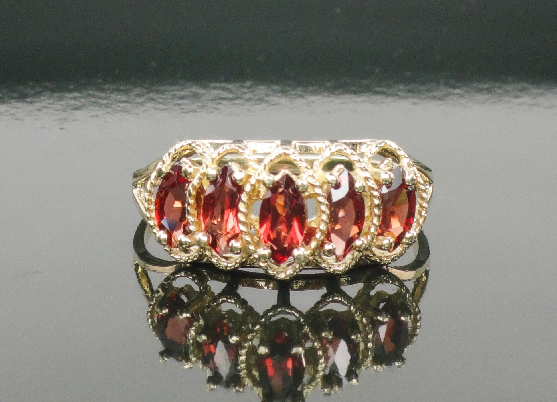 Vintage 10k Yellow Gold Marquise Garnet Ring Red January Birthstone Ring Size 9.5