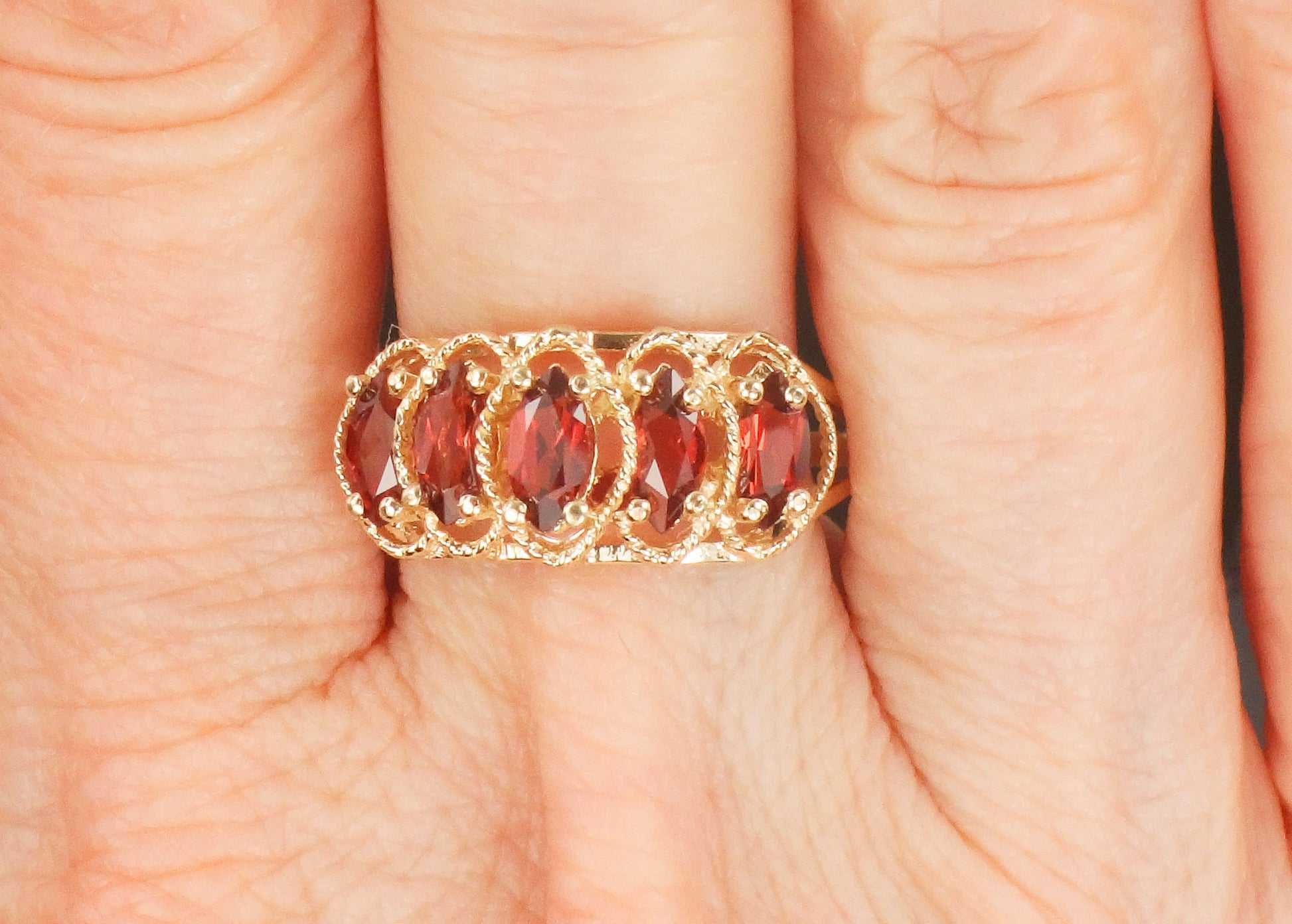 Vintage 10k Yellow Gold Marquise Garnet Ring Red January Birthstone Ring Size 9.5