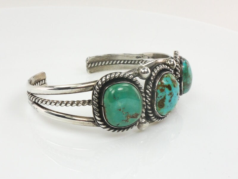 Vintage Sterling Silver Navajo Turquoise Three Stone Cuff Bracelet Native American Artist Signed