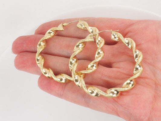 Large 14k Hoop Earrings with Fancy Twist Design - Vintage 14k Yellow Gold 1.75" Round Shape - Fine Jewelry