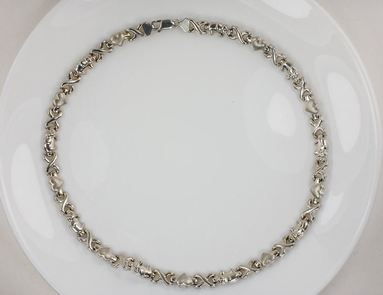 Vintage Sterling Silver Elephant Hearts XO Necklace: Good Luck, 17"