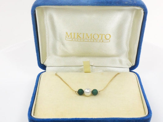 Vintage Mikimoto 14k Gold 6 MM Japanese Cultured Pearl and Malachite Choker Necklace 14.5"