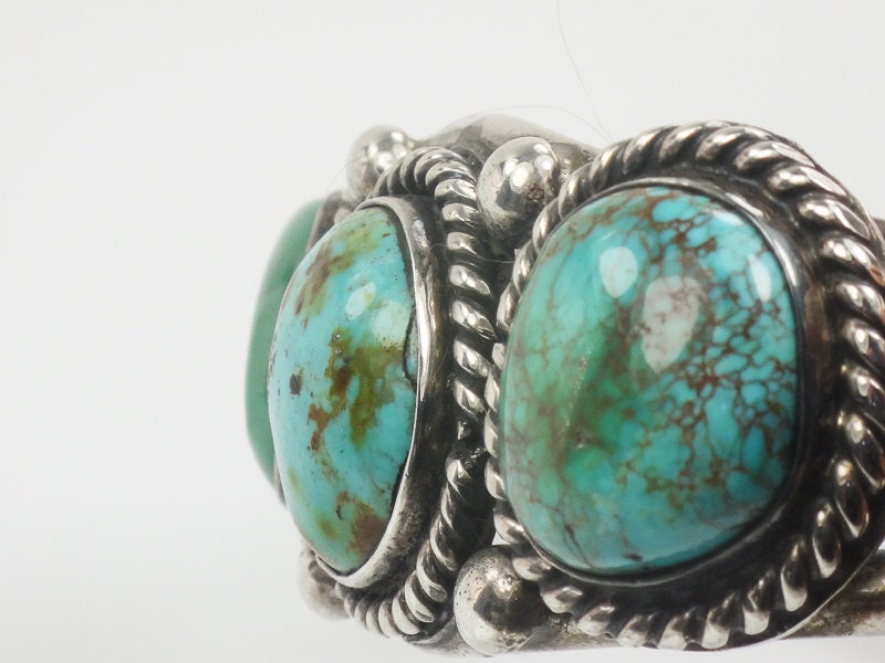 Vintage Sterling Silver Navajo Turquoise Three Stone Cuff Bracelet Native American Artist Signed