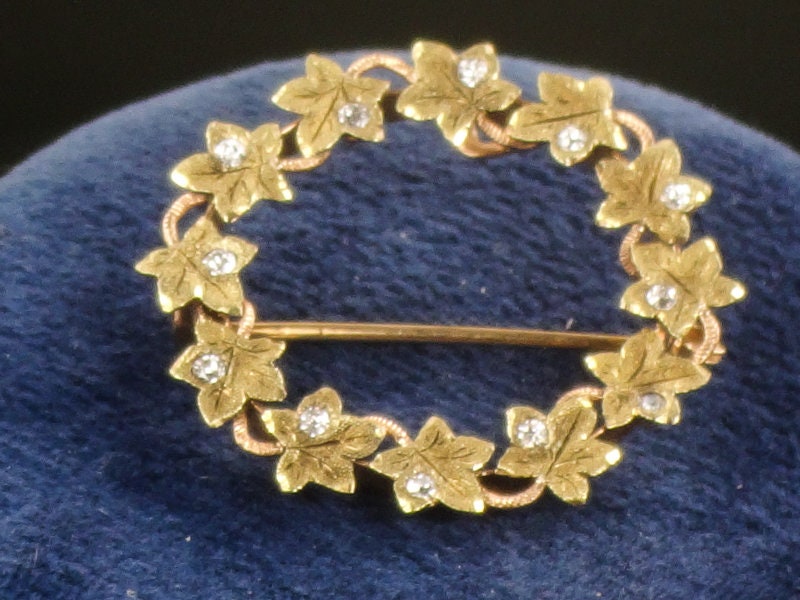 Victorian 14k Gold Diamond Ivy Wreath Pin Brooch: Circa 1900s