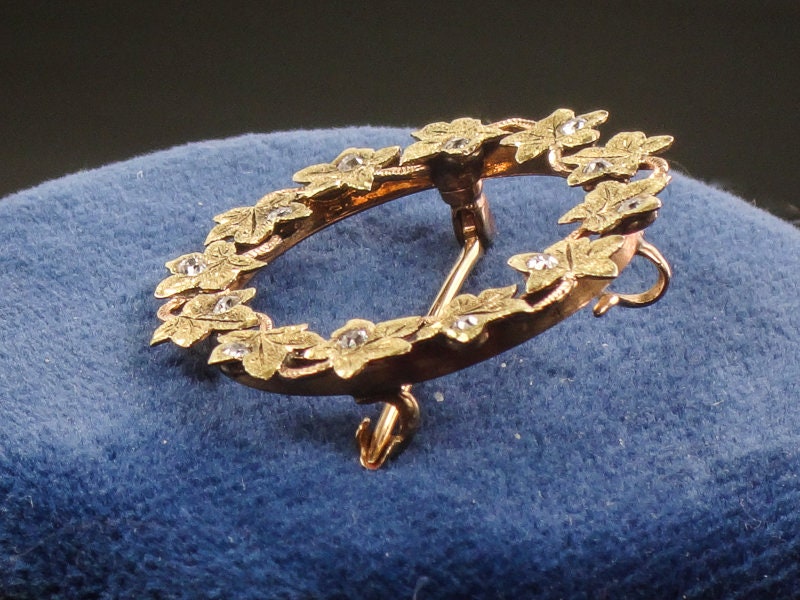 Victorian 14k Gold Diamond Ivy Wreath Pin Brooch: Circa 1900s