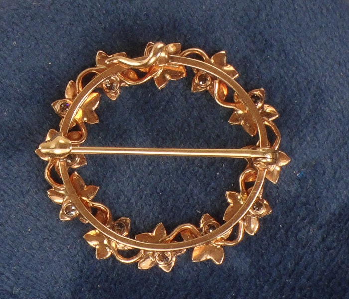 Victorian 14k Gold Diamond Ivy Wreath Pin Brooch: Circa 1900s