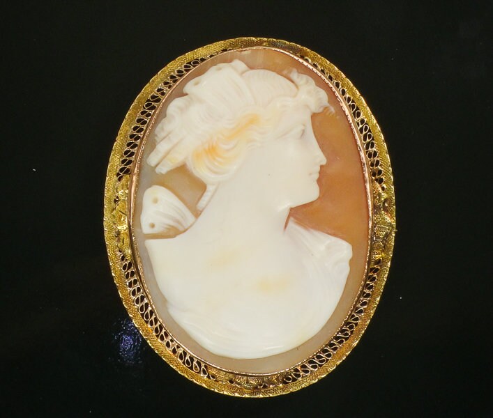 Large 10k Gold Shell Cameo Pendant Pin Hand Carved Goddess Psyche Butterfly Shell Cameo - Filigree Art Deco Circa 1920's