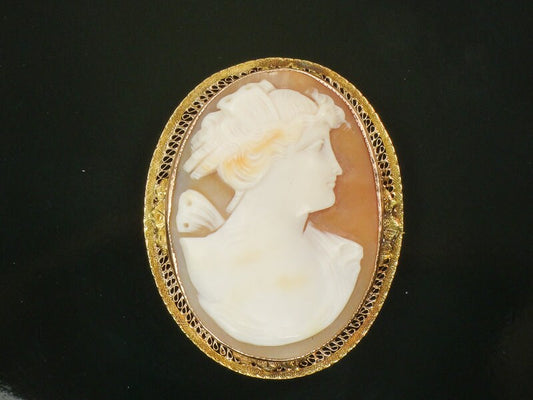 Large 10k Gold Shell Cameo Pendant Pin Hand Carved Goddess Psyche Butterfly Shell Cameo - Filigree Art Deco Circa 1920's