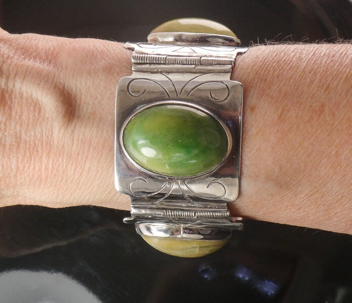 Vintage Wide Sterling Silver Green Stone Bracelet Made in Mexico