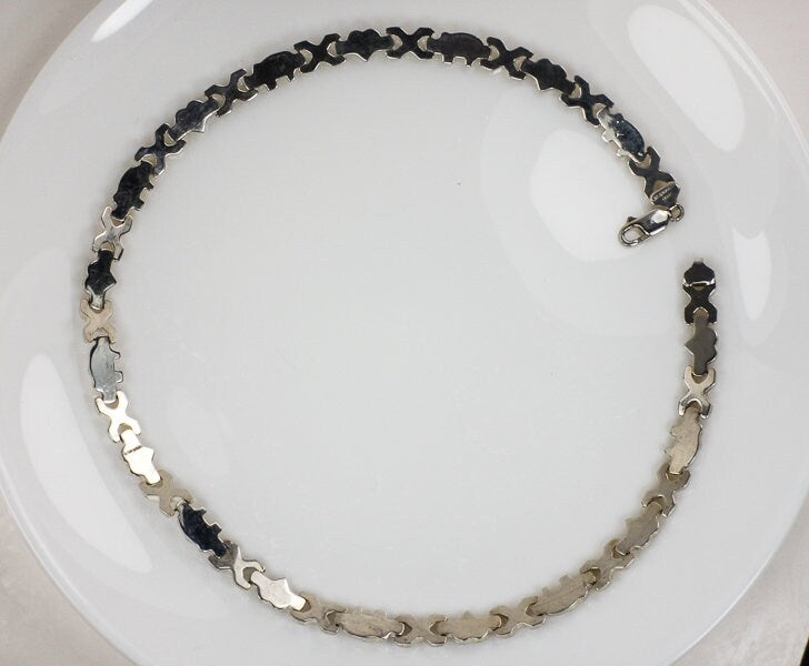 Vintage Sterling Silver Elephant Hearts XO Necklace: Good Luck, 17"