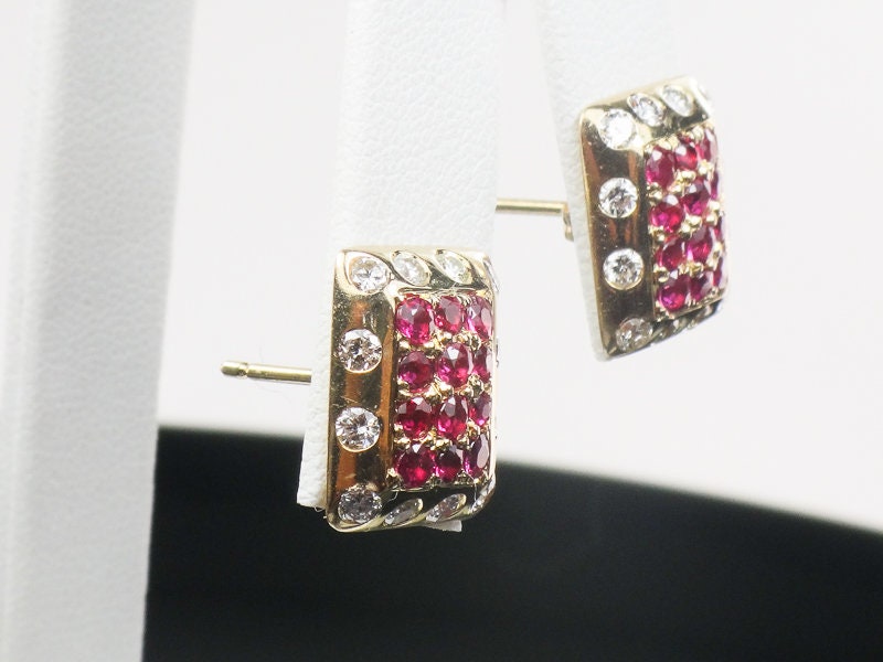 Vintage 14k Yellow Gold Natural Ruby and Diamond Stud Earrings