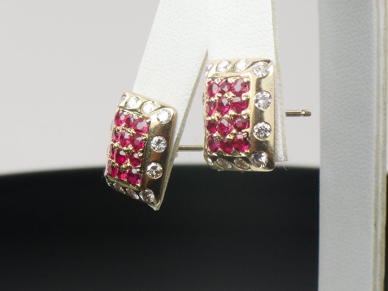 Vintage 14k Yellow Gold Natural Ruby and Diamond Stud Earrings