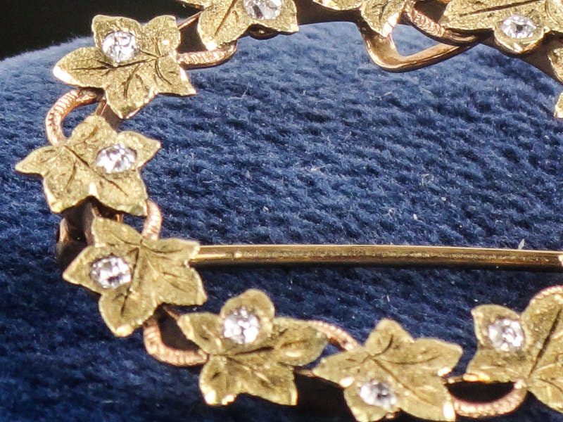 Victorian 14k Gold Diamond Ivy Wreath Pin Brooch: Circa 1900s