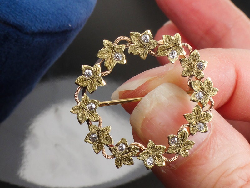Victorian 14k Gold Diamond Ivy Wreath Pin Brooch: Circa 1900s